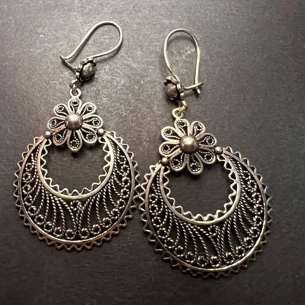 Turkish sterling filigree disc dangle drop hook earrings 9.58 grams.